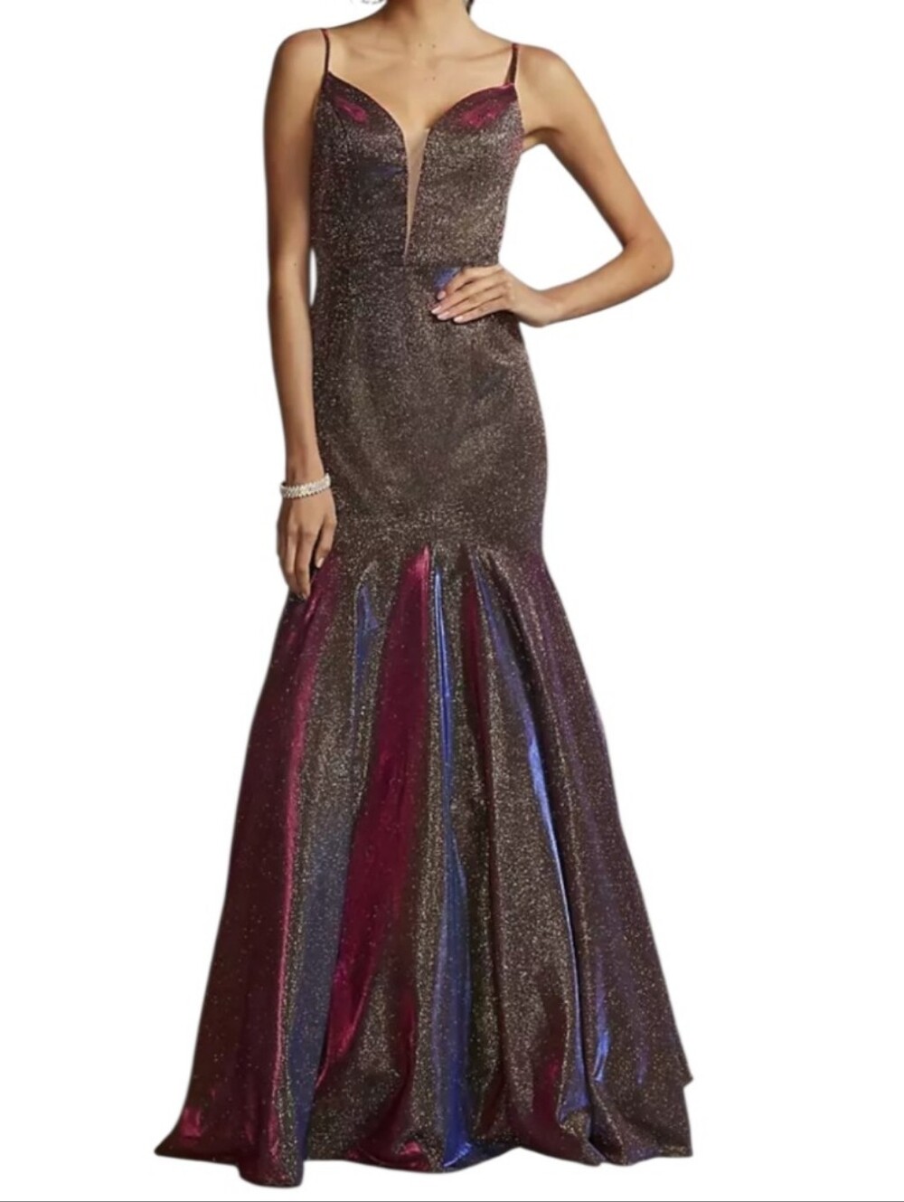 NIGHT STUDIOPlunging-V Iridescent Metallic Trumpet Dress 2